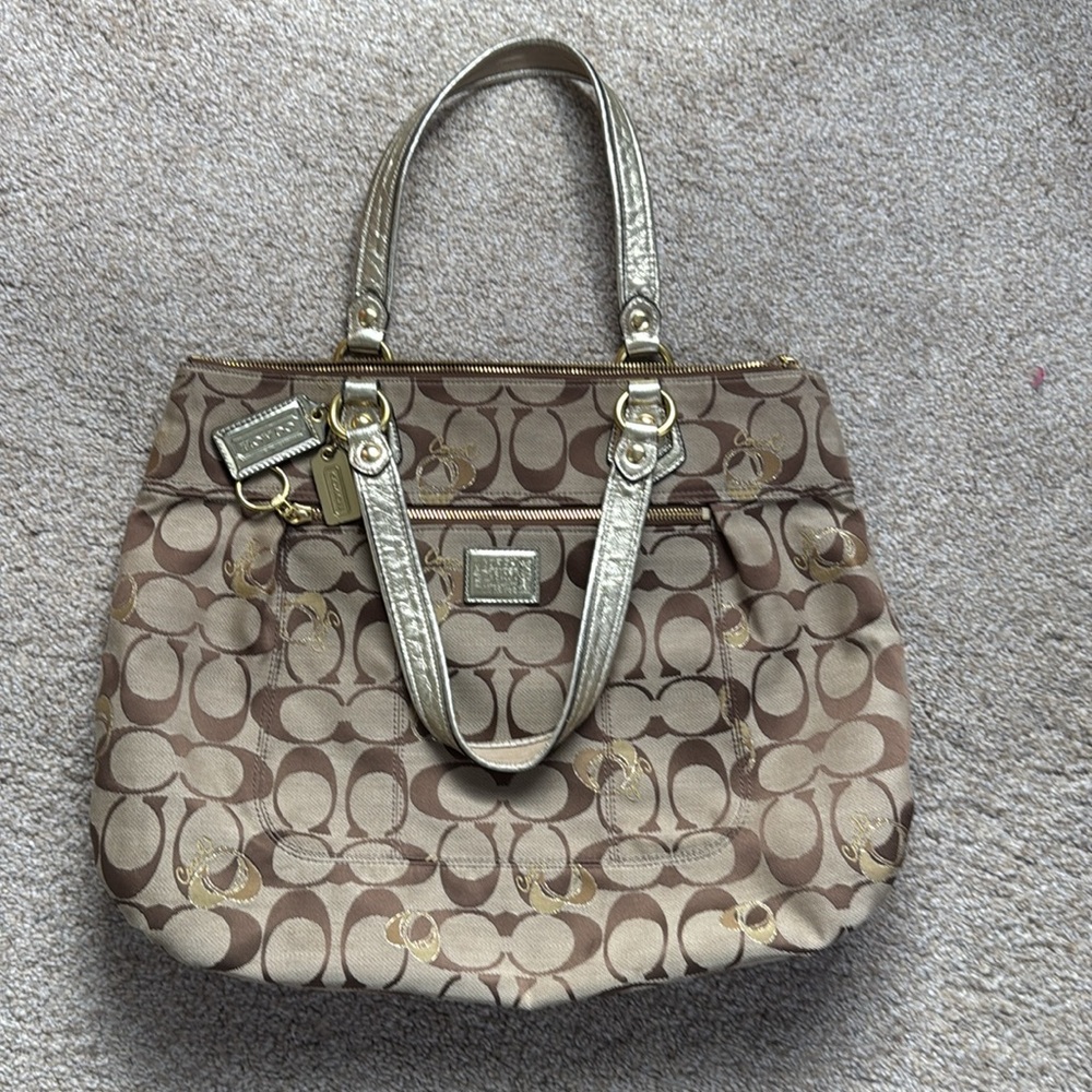Coach Poppy metallic signature satchel handbag